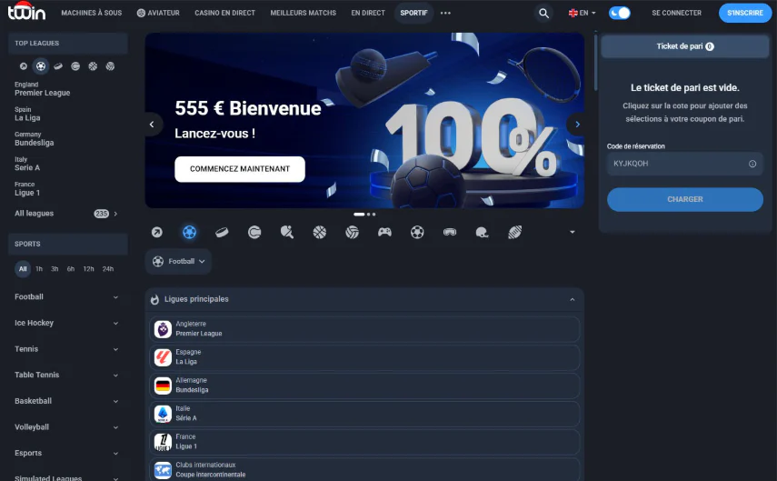 Interface des paris sportifs Twin Casino avec ligues de football, bonus de bienvenue et ticket de pari