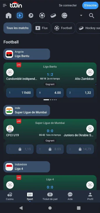 Twin Casino sur mobile avec matchs de football en direct et cotes de paris sportifs